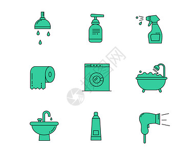 浴室花洒绿色洗浴图标svg图标元素套图123插画