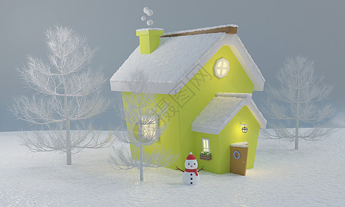 3D渲染冬季雪地房屋场景图片