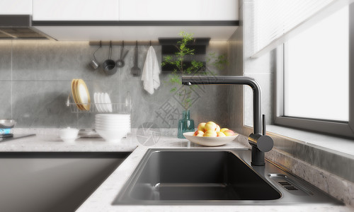 3D简约厨房水龙头场景高清图片