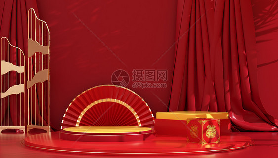 C4D红色喜庆中式展台图片