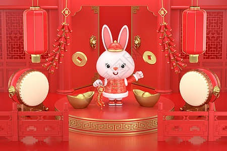 3D立体三维兔子2023兔年新年模型背景图片