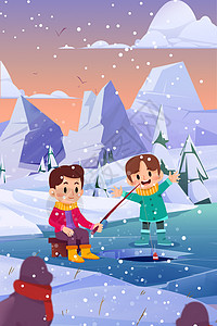 二十四节气大雪节气下雪天孩子冰面垂钓插画背景图片