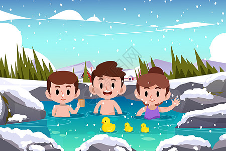 二十四节气小雪节气雪天孩子们室外泡温泉沐浴背景图片