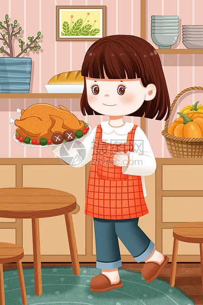 感恩节端着一盘烤鸡的女孩图片