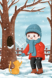 冬天雪中枯树旁的小孩和小猫图片