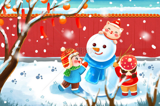 唯美大雪城墙堆雪人的儿童插画图片
