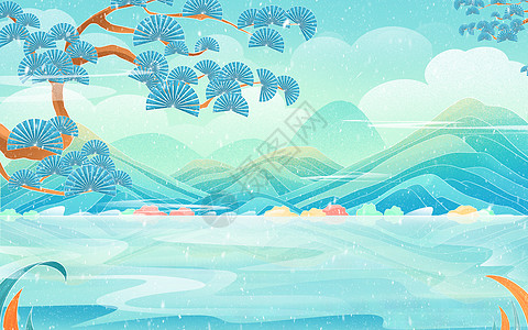 冬季下雪国潮冬天诗意山脉山水插画背景插画