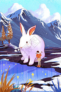 冬季大雪小雪节气小女孩与大兔子图片
