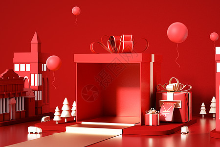 创意红色礼盒促销场景背景图片