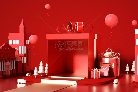 创意红色礼盒促销场景图片