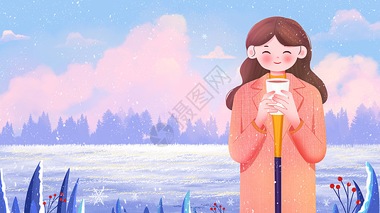 雪中女人唯美冬天一个女孩手捧水杯和户外雪景插画