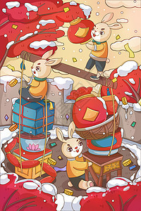 兔年春节新年特产上的兔子们插画背景图片