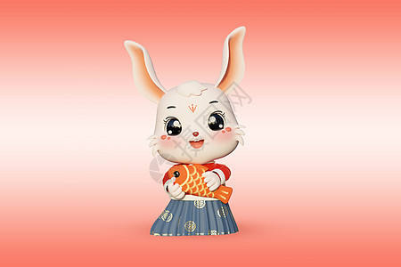 c4d中国风抱鱼的兔子拟人模型图片