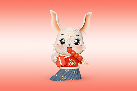 c4d中国风吃糖葫芦的兔子拟人模型背景图片