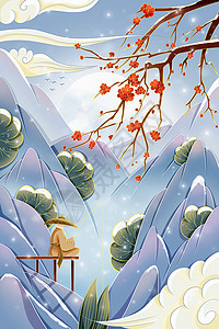 冬季山川之间梅花树下老翁独自垂钓节气海报插画图片