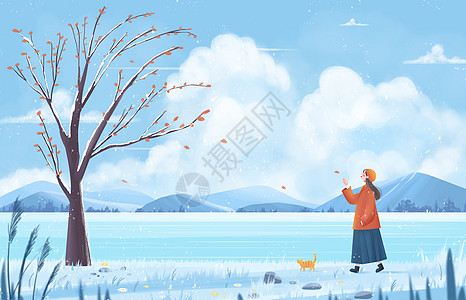 小雪冬天风景女孩和猫湖边散步天空云风景背景插画