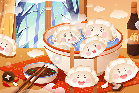 二十四节气立冬吃饺子插画图片