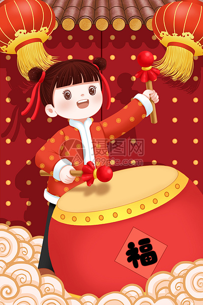 春节红色喜庆敲鼓的小孩图片
