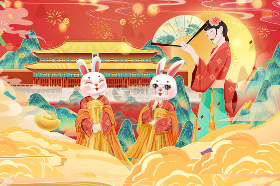 中国风国潮2023兔年春节新年山水建筑插画图片