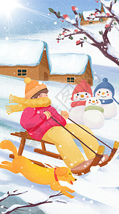 冬至下雪天滑雪雪橇运动卡通人物和狗插画图片