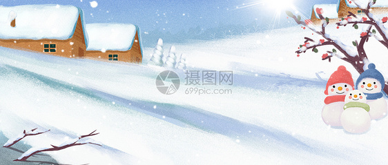 冬至雪地户外房子雪人肌理插画图片