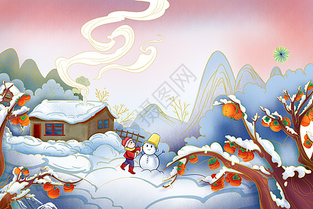 大雪山水插画背景图片
