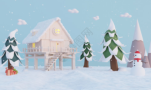3D渲染冬季森林木屋场景图片