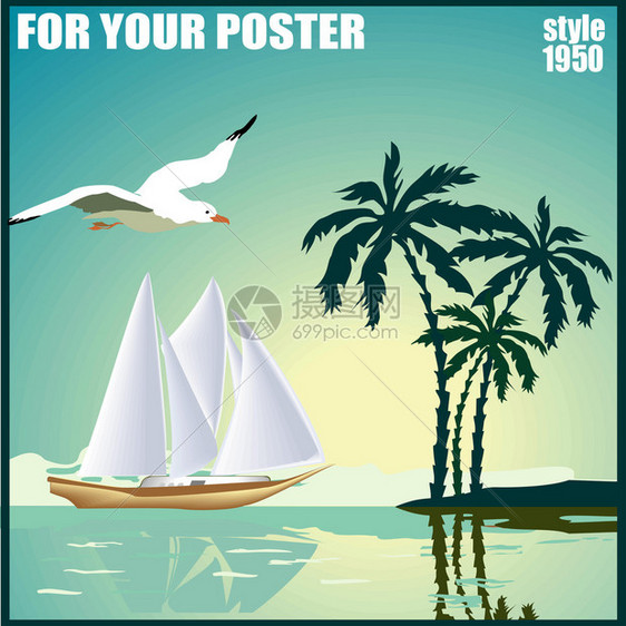 夏天的背景在与大海帆船和海鸥的复古风格海报图片