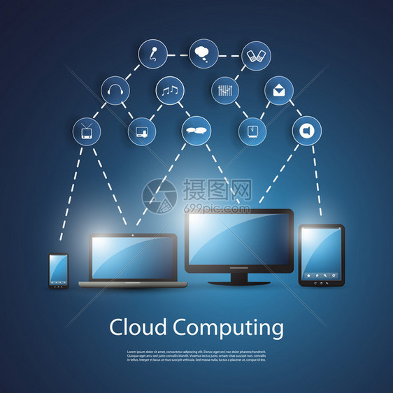 一切都连接到云蓝色云计算概念设计与各种移动和台式计算机和连接气泡图标代表不同种类的数字据可自由缩放和可编辑矢图片