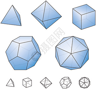 柏拉图立体欧几里得几何中的规则凸多面体四面体六面体八面体十二面体和二十面体使用透明胶片和渐变在白色图片