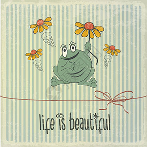 与快乐的青蛙和短语生命是美丽的复古插画图片