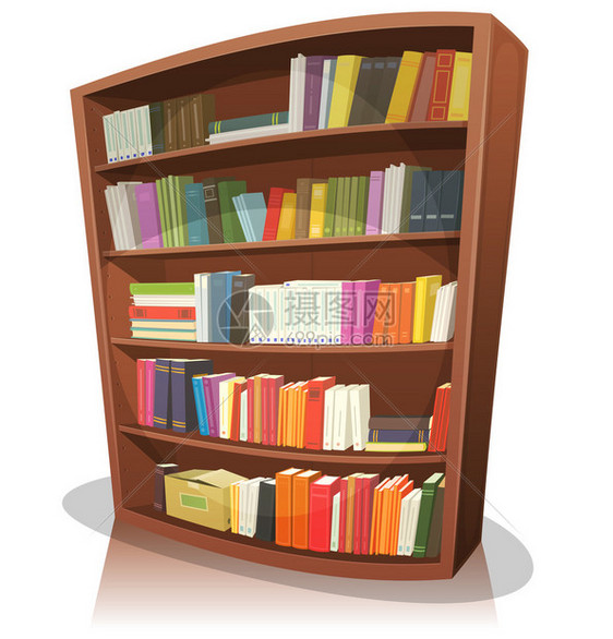 一个卡通家庭学校或图书馆商店木制书架的插图图片