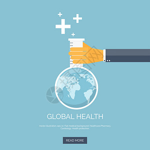 矢量图平坦的背景与手和烧瓶全球范围全球健康概念背景图片