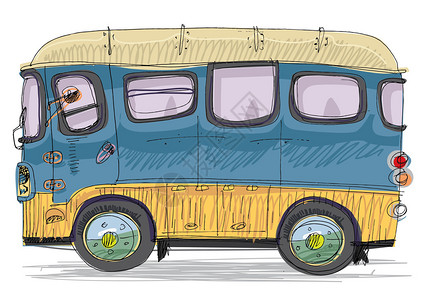 公交车,睡觉复古巴士卡通插画
