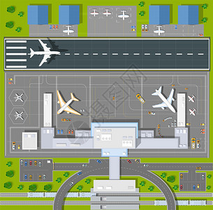 有所建筑物飞机车辆和机场跑道的图片