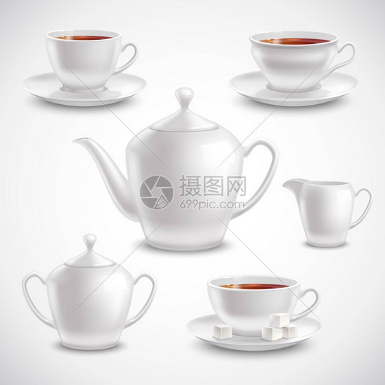 白色背景矢量插图上装满茶杯酱锅和糖碗的具图片