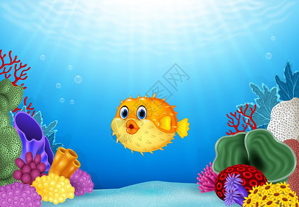 在海洋水下珊瑚礁卡通河豚鱼背景图片