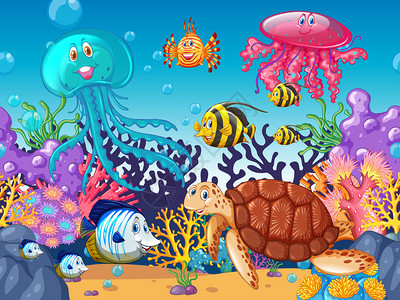 海洋插图下的海洋动物场景图片