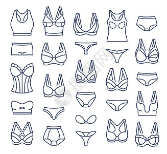胸罩设计和内裤样式矢量扁薄线图标图片