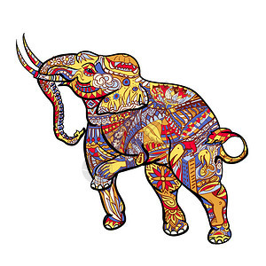 大象以优雅的装饰图案与张贴泰国传统艺术手绘风格和着色矢量插图图片