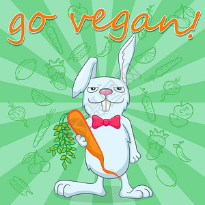图为国际和平日的素食主义者有趣的兔子认为胡萝卜的号召成为一个素食主义者与蔬菜绿色背景上背景图片