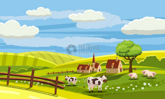 可爱的农村景观牧牛图农场鲜花牧场卡通风格矢量图图片