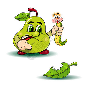 矢量卡通插画生气的梨抓住害虫虫子图片
