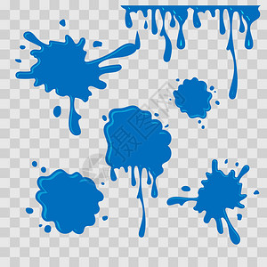 油漆滴抽象插图在方格的透明背景上的蓝色泥平面样式向量集图片