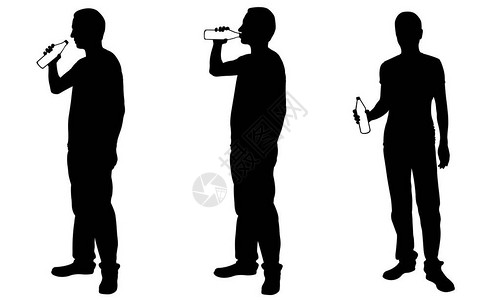 男人从白色隔离的瓶子里喝水的剪影图片