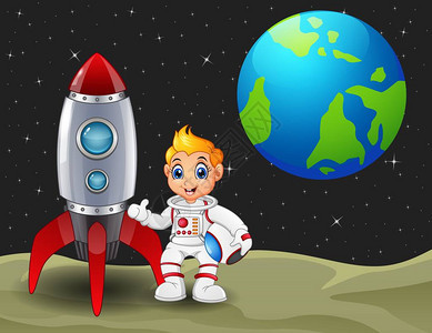 卡通宇航员男孩抱着头盔和火箭的太空飞船上月球与行星地球的背景图片