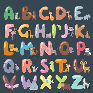超可爱的动物园字母表与卡通动物隔离和有趣的字母野生动物学习排版可爱语言矢量图图片
