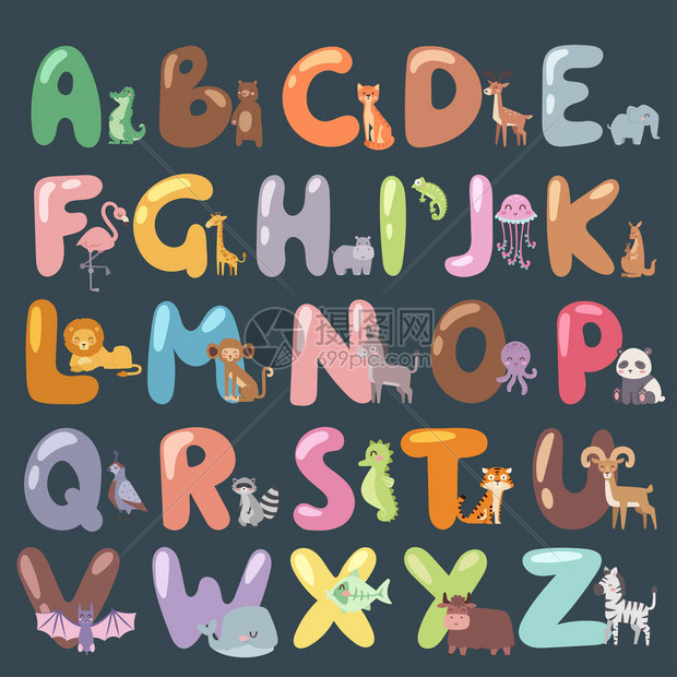 超可爱的动物园字母表与卡通动物隔离和有趣的字母野生动物排版可爱语言矢量图图片