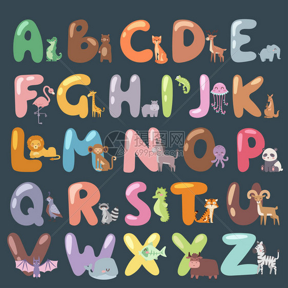 超可爱的动物园字母表与卡通动物隔离和有趣的字母野生动物排版可爱语言矢量图图片