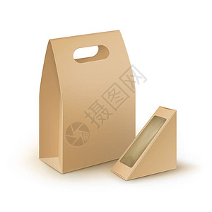 向量集的棕色空白纸板矩形三角形带走手柄午餐盒包装三明治礼品其他产品与塑料窗口模拟关闭隔图片